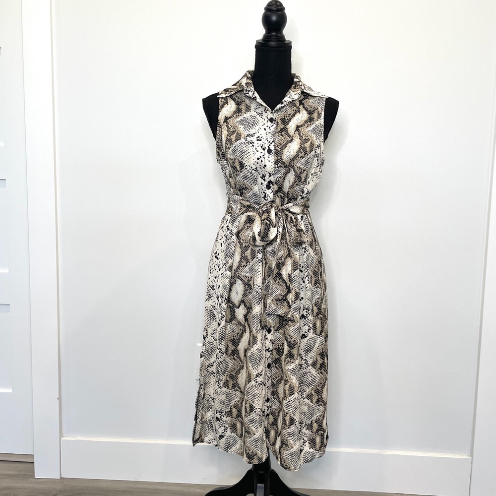 C Snake Print Short Sleeve Belted Button Up Dress